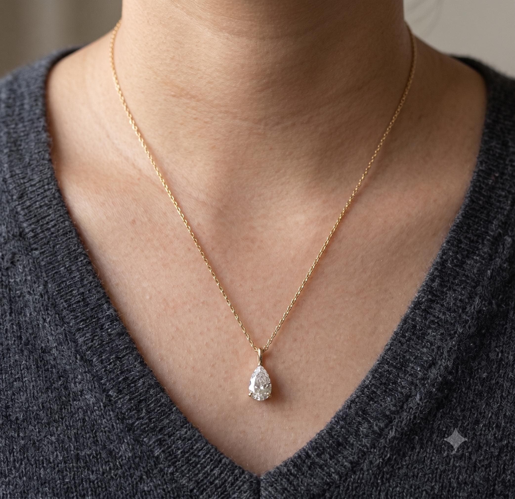Pear Cut Lab Grown Diamond Solitaire Pendant Necklace, 14K Solid Yellow Gold Dainty Chain, Elegant 3 Prong Teardrop Choker