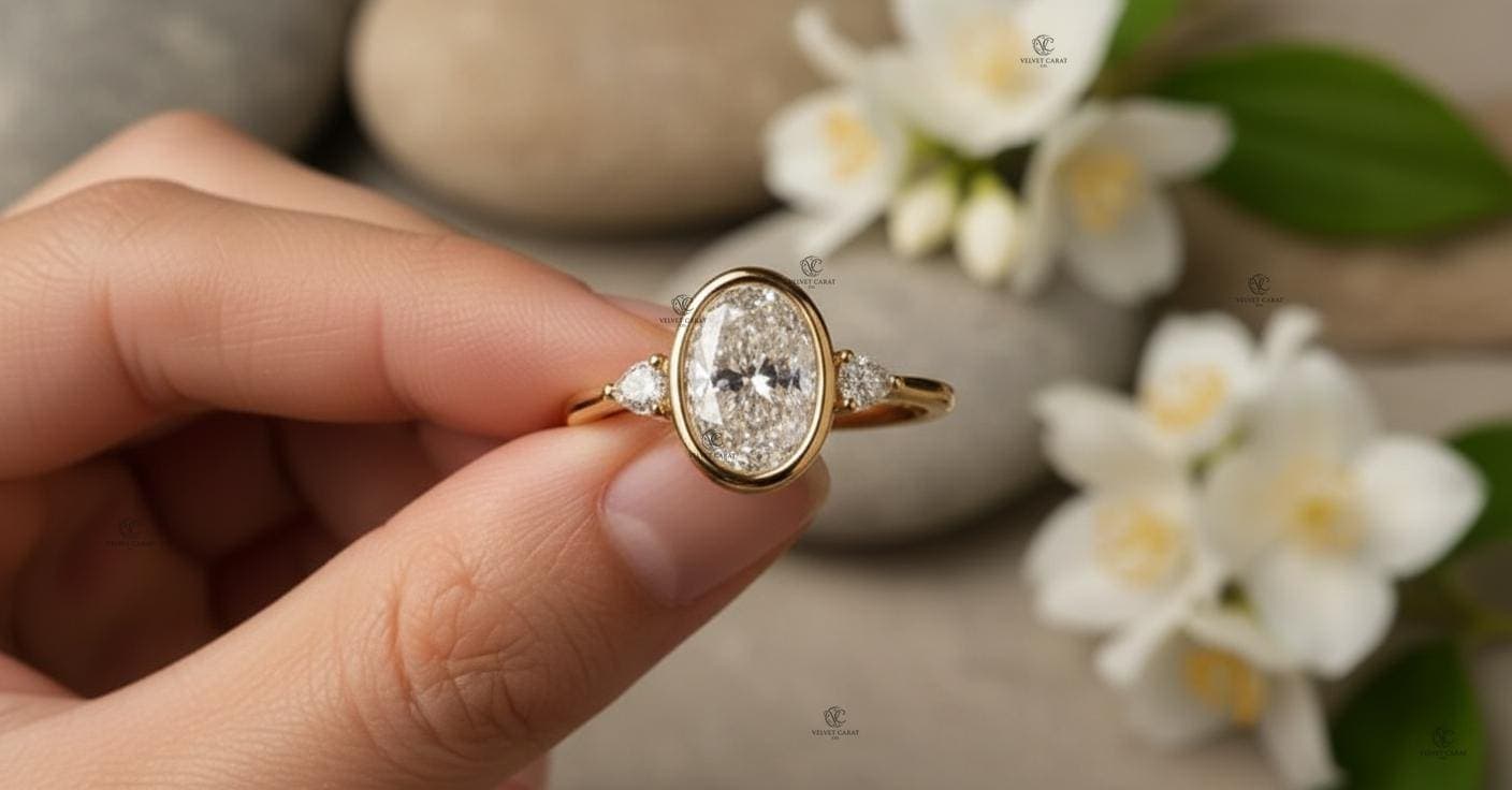 Oval Moissanite Bezel Engagement Ring in 14K Solid Gold
