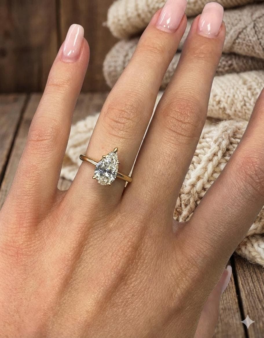 Pear Cut Moissanite Engagement Ring, 14K Solid Yellow Gold Dainty Band, Teardrop Solitaire Ring, Minimalist Bridal Jewelry Gift