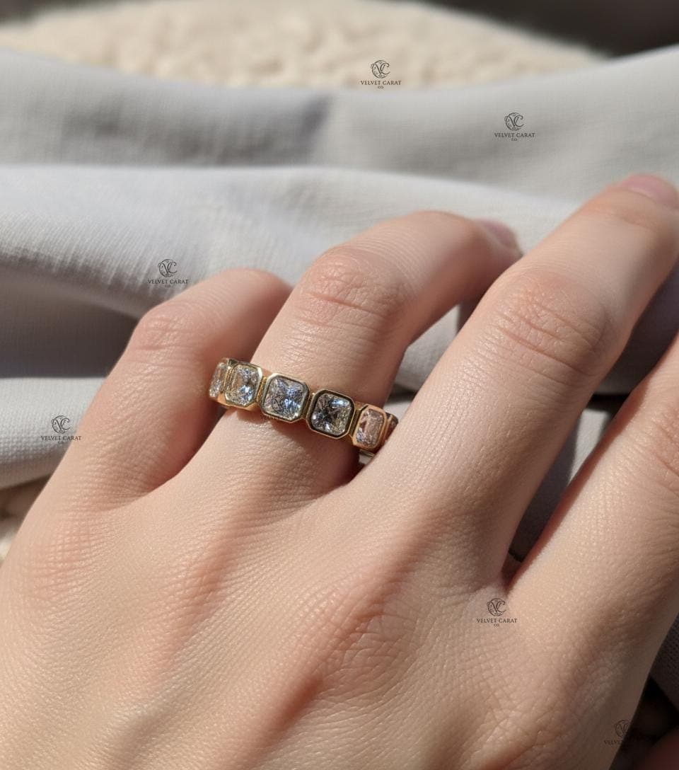 Asscher Moissanite Bezel Engagement Ring in 14K Solid Gold