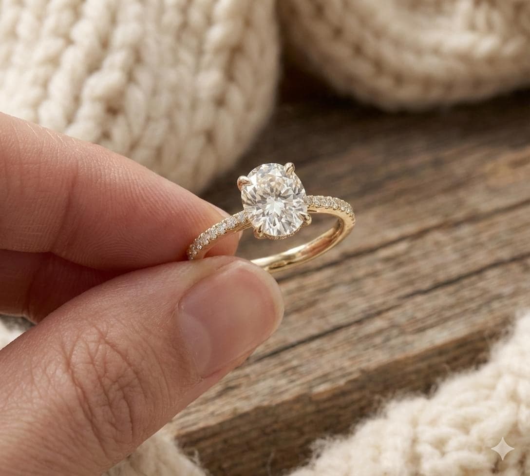 Round Cut Moissanite Engagement Ring, 14K Solid Yellow Gold Pavé Band, Dainty 4 Prong Solitaire Ring, Charming Bridal Wedding Jewelry Gift