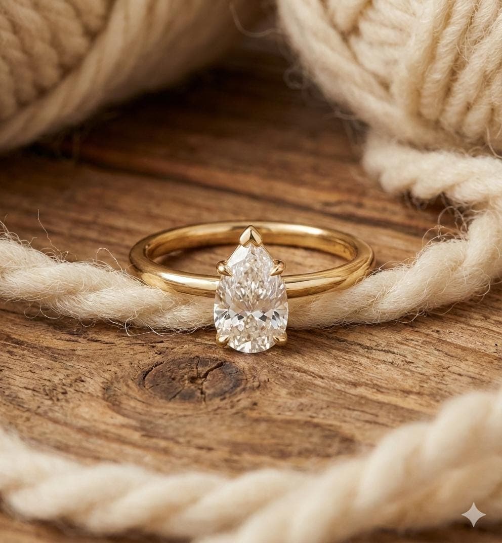 Pear Cut Moissanite Engagement Ring, 14K Solid Yellow Gold Dainty Band, Teardrop Solitaire Ring, Minimalist Bridal Jewelry Gift
