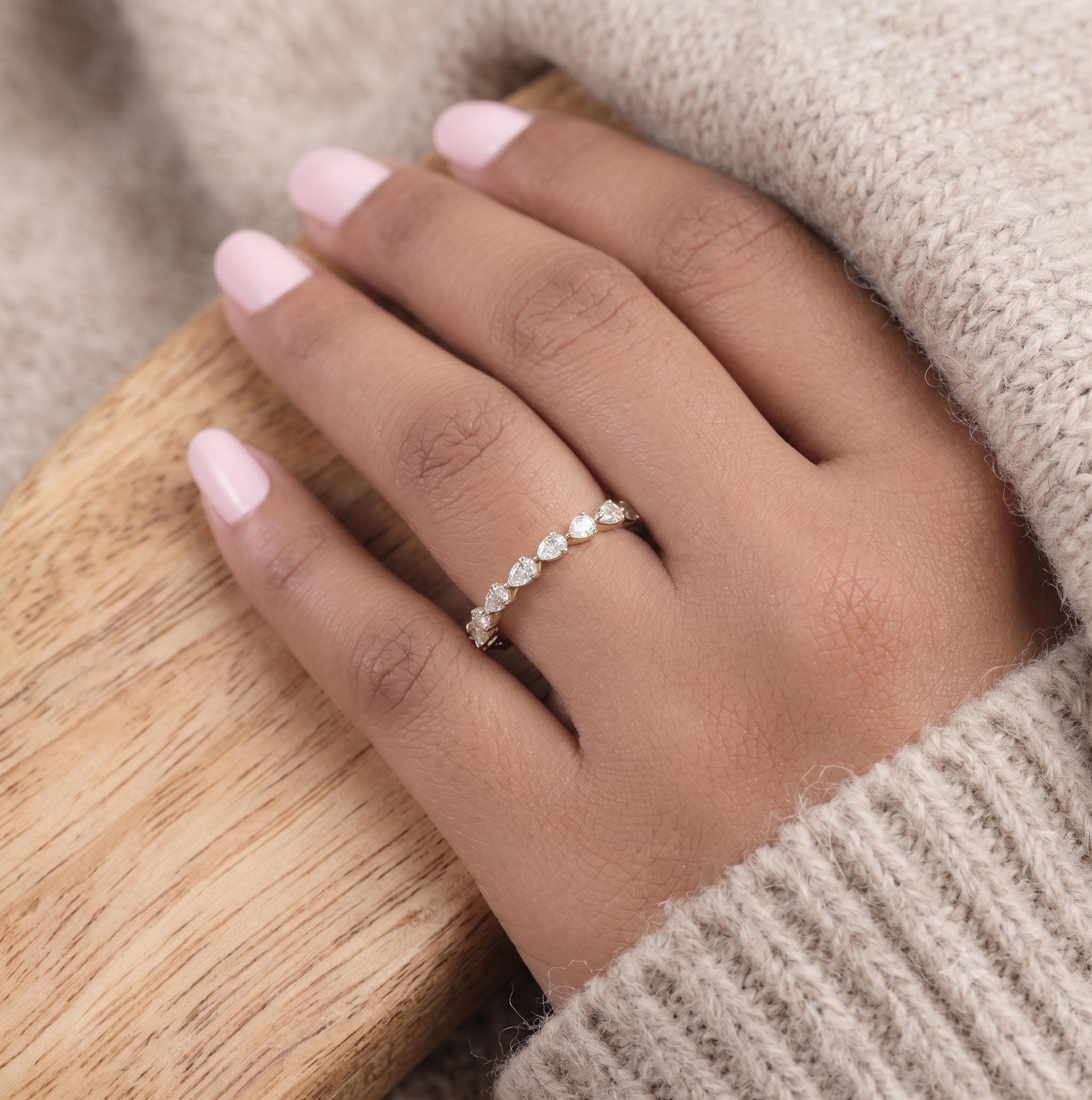 Pear Cut Moissanite Eternity Band, 14K Solid Yellow Gold Wedding Ring, Teardrop Sparkle Stackable Band, Charming Bridal Jewelry Gift