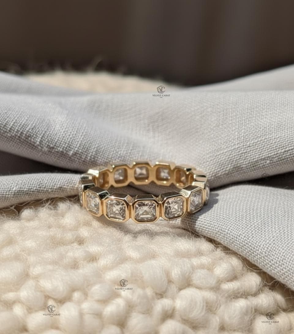 Asscher Moissanite Bezel Engagement Ring in 14K Solid Gold 9