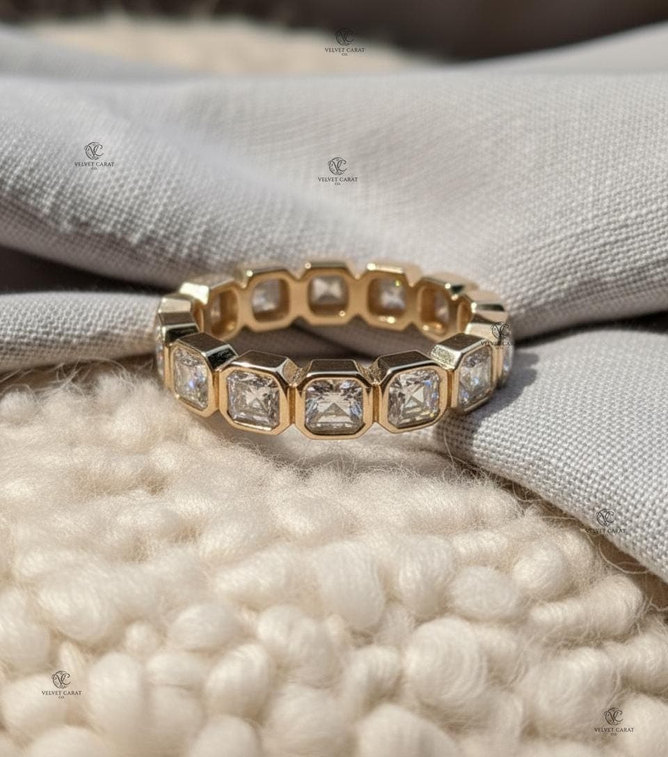 Asscher Moissanite Bezel Engagement Ring in 14K Solid Gold