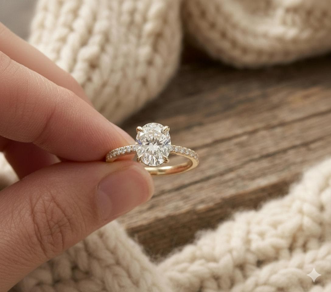 Round Cut Moissanite Engagement Ring, 14K Solid Yellow Gold Pavé Band, Dainty 4 Prong Solitaire Ring, Charming Bridal Wedding Jewelry Gift