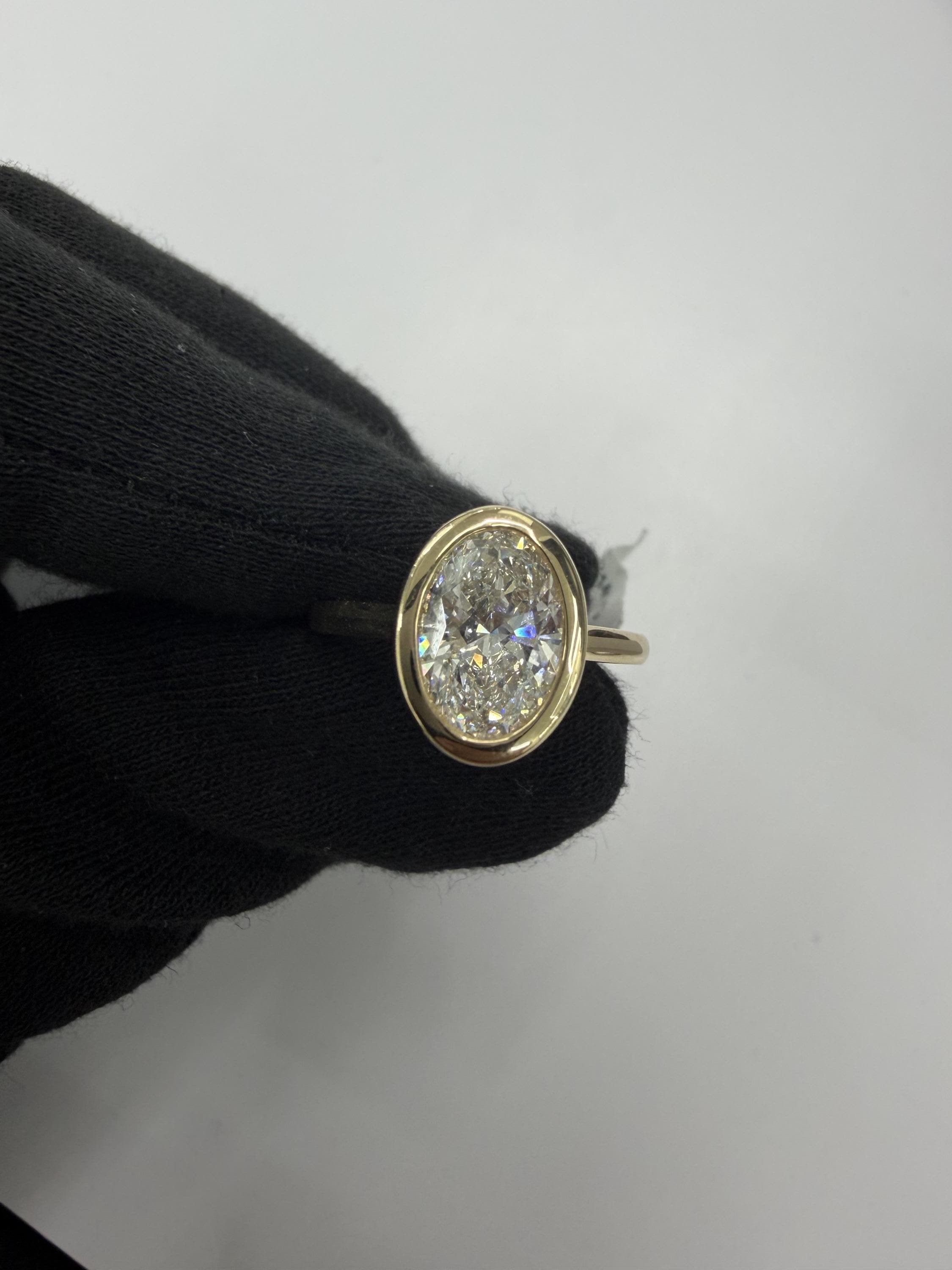 Oval Bezel Set Lab Grown Diamond Engagement Ring, 14K Solid Yellow Gold Bezel Solitaire Ring, Unique Bridal Jewelry Gift