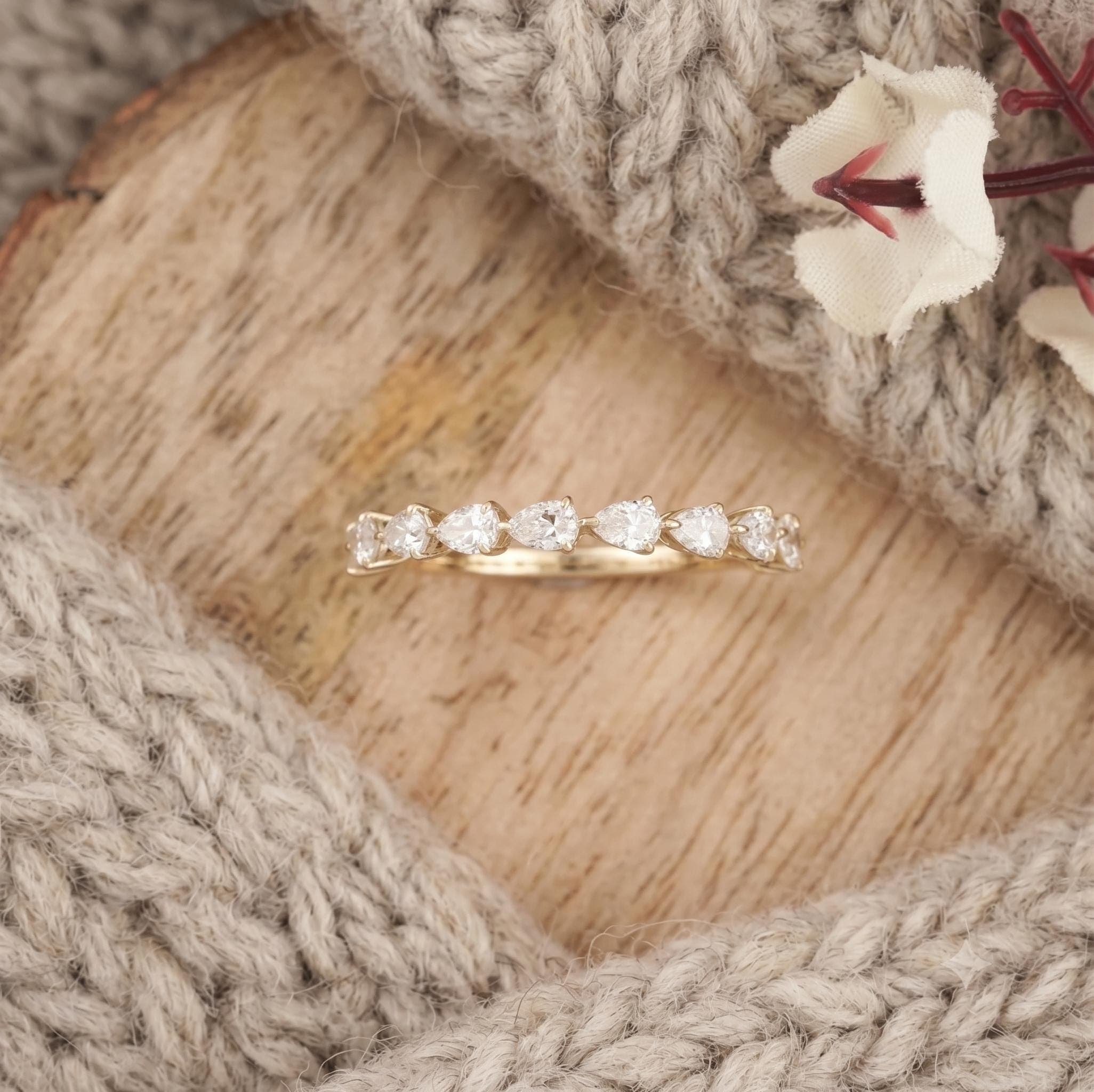Pear Cut Moissanite Eternity Band, 14K Solid Yellow Gold Wedding Ring, Teardrop Sparkle Stackable Band, Charming Bridal Jewelry Gift 9
