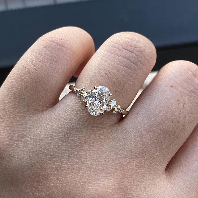 Oval Lab Grown Diamond Cluster Engagement Ring, 14K Solid Gold Oval Cut Ring, Asymmetrical Cluster Solitaire Ring, Bridal Jewelry Gift