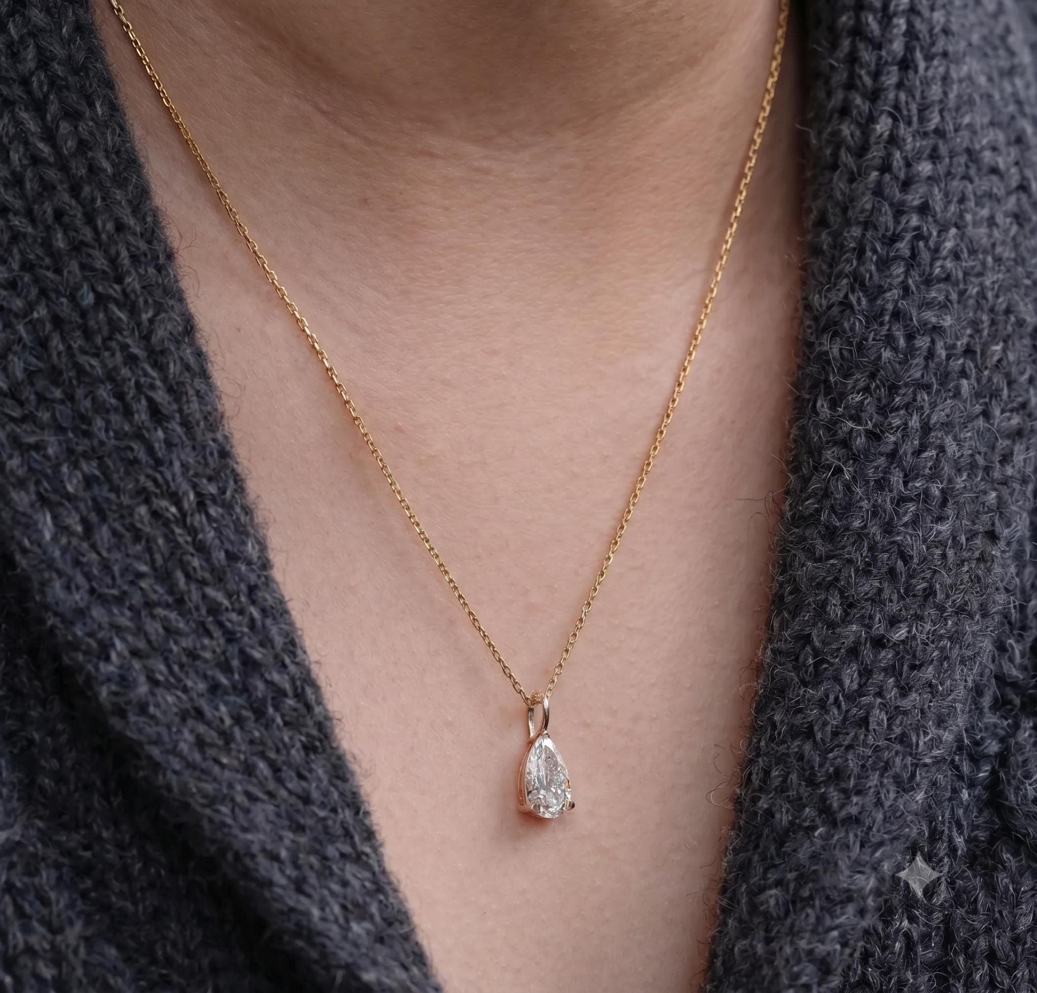 Pear Cut Lab Grown Diamond Solitaire Pendant Necklace, 14K Solid Yellow Gold Dainty Chain, Elegant 3 Prong Teardrop Choker 7