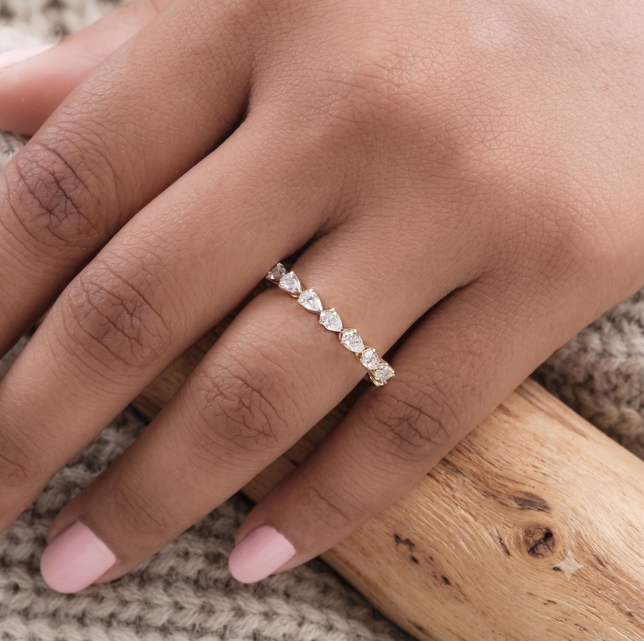 Pear Cut Moissanite Eternity Band, 14K Solid Yellow Gold Wedding Ring, Teardrop Sparkle Stackable Band, Charming Bridal Jewelry Gift 4