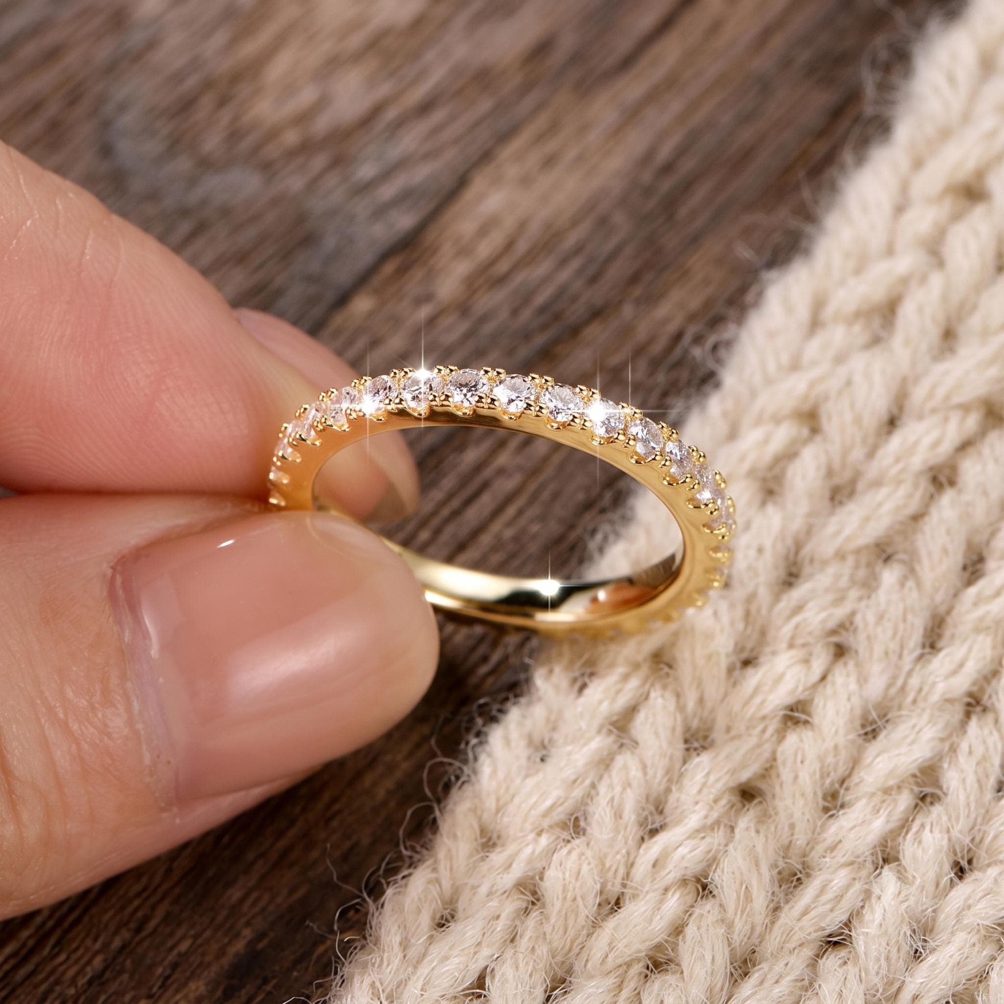French Set Wedding Band Round Cut Lab Grown Diamond Eternity Band, 14K Solid Gold Pavé Band, Stacking Promise Ring for Her