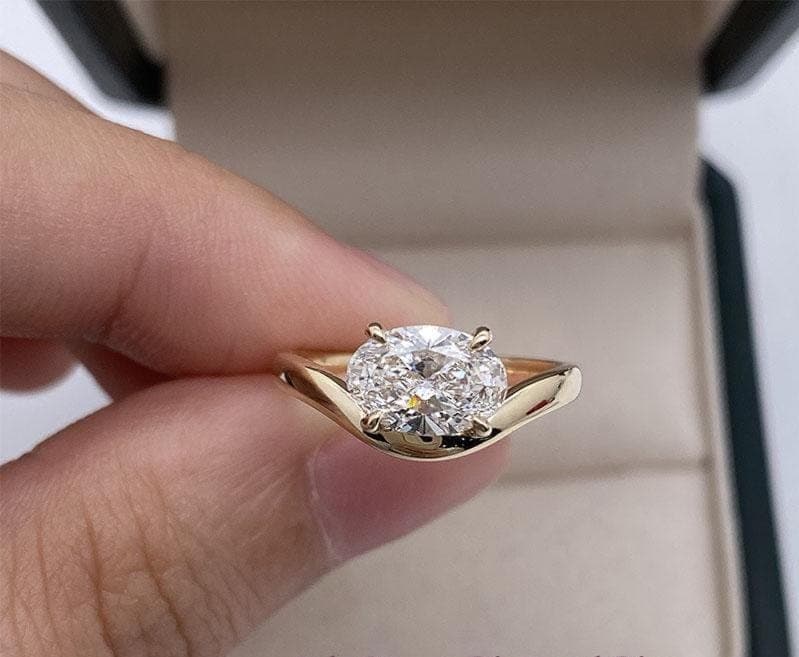 East West Oval Lab Diamond Engagement Ring, 14K Solid Yellow Gold Solitaire Ring, Curved Chevron Band Oval Band, Minimalist Bridal Gift
